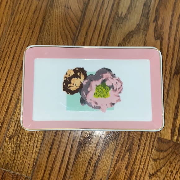 J Crew Ceramic Pink Flower Jewelry Tray Trinket Dish Pink Border Gold Tray - Picture 3 of 7